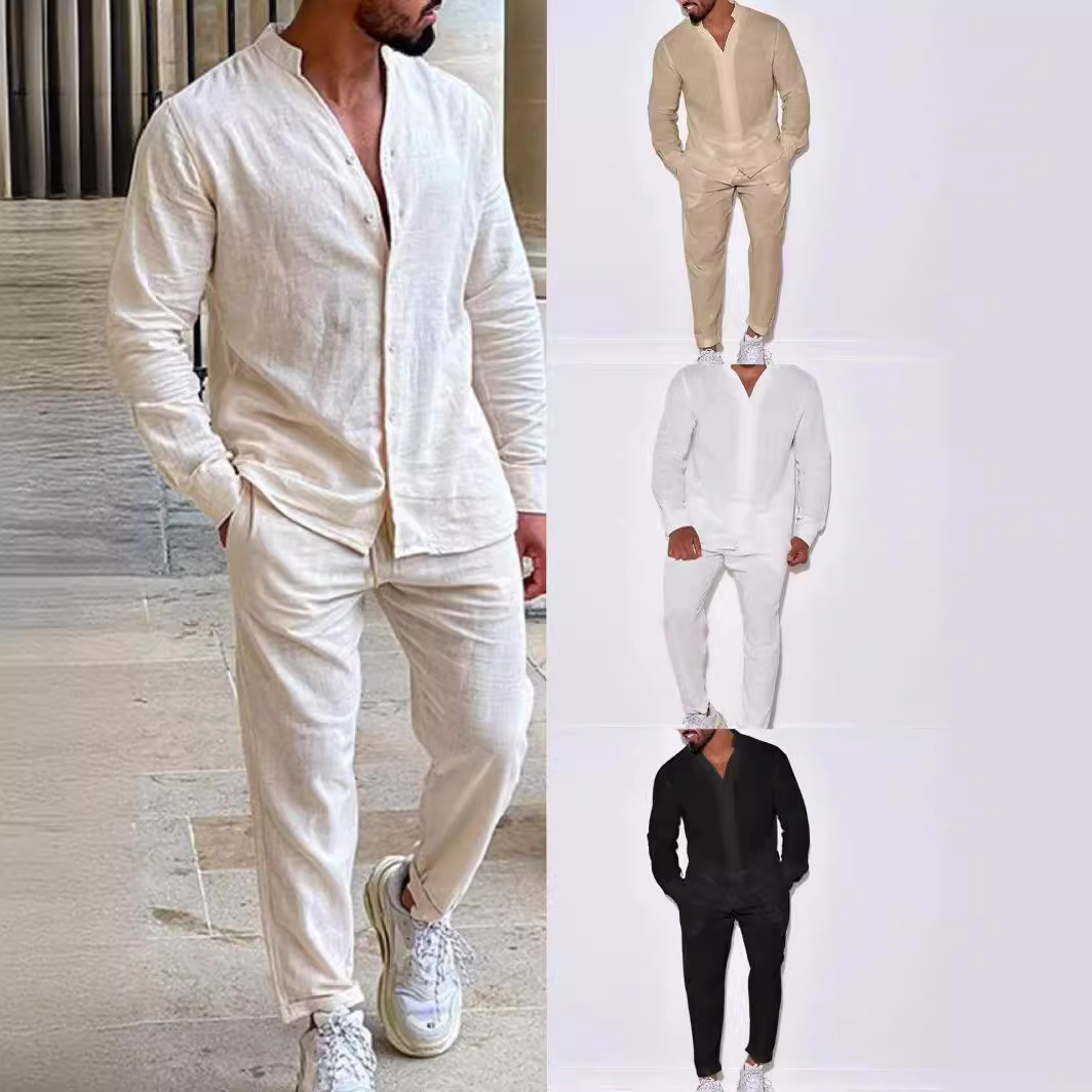 Mens Linen Shirt Long Sleeve - طقم قميص وسراويل من الكتان للرجال
