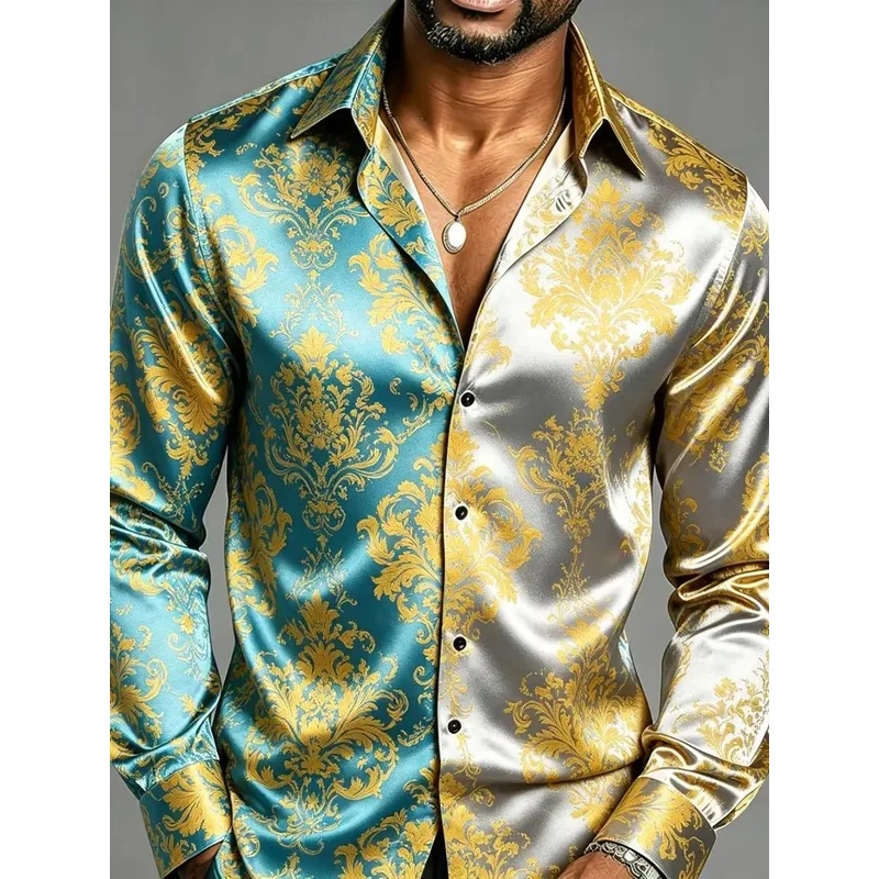 Mens Satin Silk Dress Shirt - قمصان رجالية طويلة الأكمام من الساتان