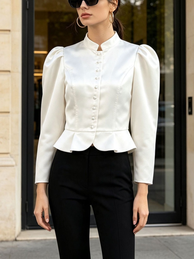 Mandarin Collar Formal Shirt Slim Fit - بلوزة توسى بيبلوم بأكمام طويلة وأكتاف