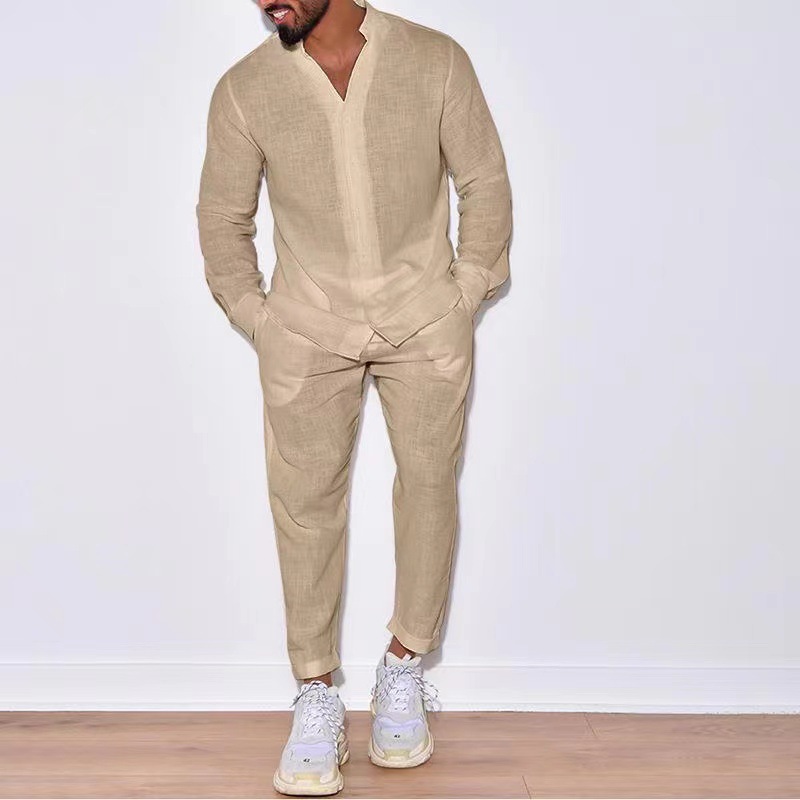 طقم قميص وسراويل من الكتان للر - مراجعة Mens Linen Shirt Long Sleeve وسعره